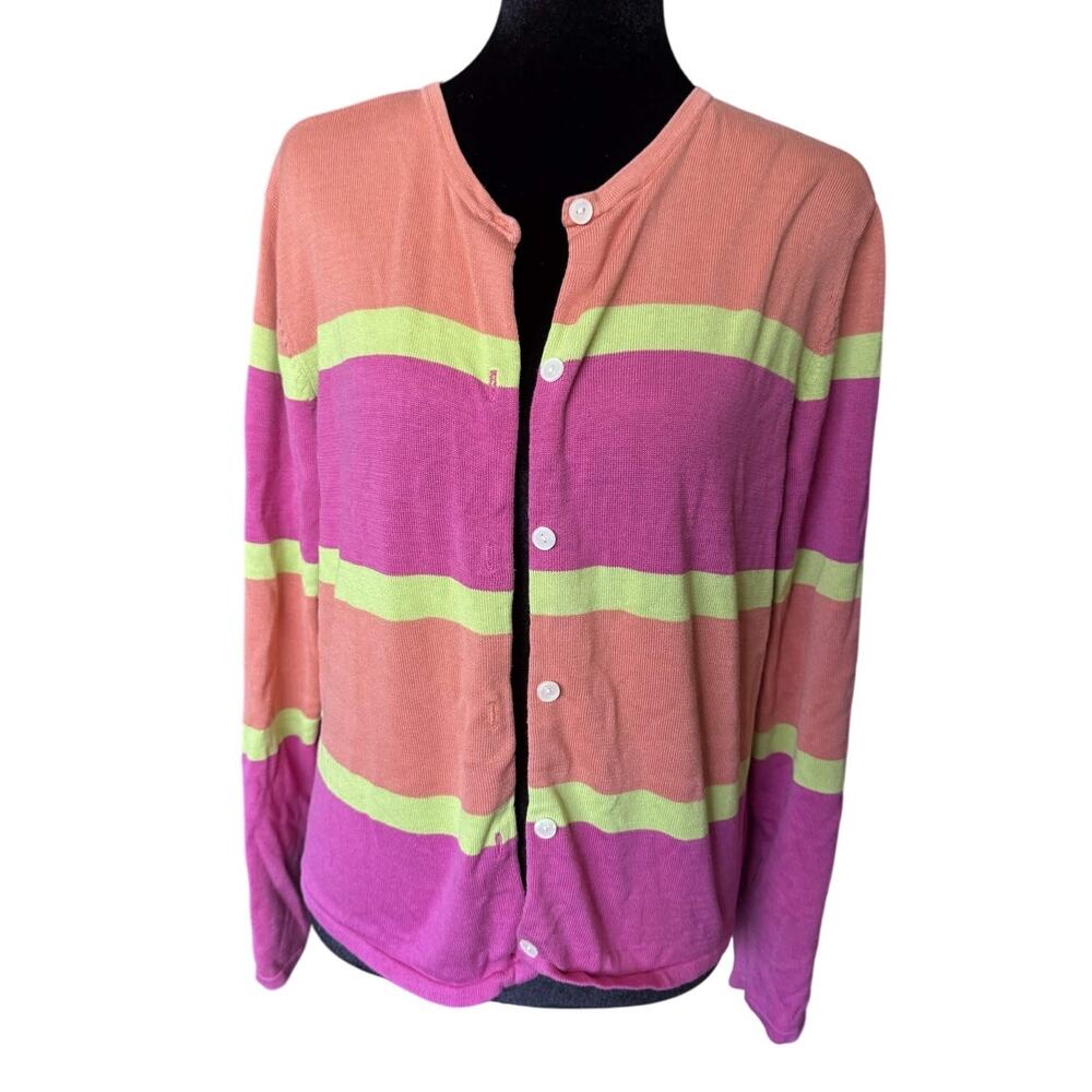 Flawed Vintage Silk Blend Cardigan Pink Peach Coral Lime Striped Kidcore 14